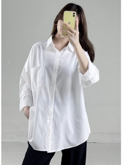 Áo sơ mi nữ màu trắng form dài tay rộng công sở kiểu Hàn Quốc MISOUL