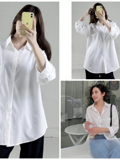 Áo sơ mi nữ màu trắng form dài tay rộng công sở kiểu Hàn Quốc MISOUL