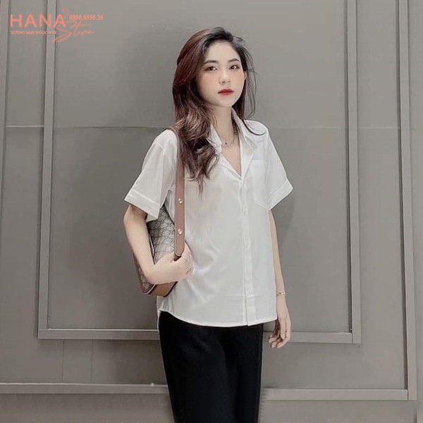 áo sơ mi nữ cộc tay Hàn Quốc kiểu công sở đi học form rộng, tay ngắn màu trắng kem