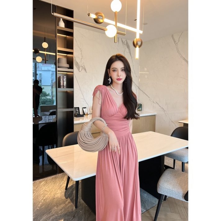 Đầm dạ hội Hàn Quốc chất cotton không tay gợi cảm màu hồng thời trang công sở ZYHT